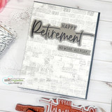 Brick-stenciled card with 'Happy Retirement — no work, all play' in layered script.