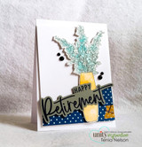 Vase of greenery card with Happy Retirement script on navy polka-dot banners.