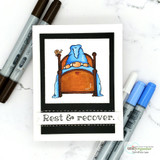 Clean card with the blue-hatted gnome in bed and 'Rest & recover.'