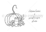 The Pumpkin Spice Please itty bitty red rubber pair by Jeanie Hays: pumpkin with a to-go cup and autumn-leaves sentiment.