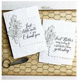 Two white embossed cards with the delicate branch stamp, lettered 'Just a little note to say Thank you' and 'Feel Better may today be a bit better than yesterday.'