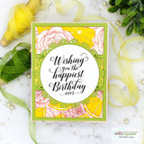 Card with yellow and pink florals in a green scalloped frame, centered on 'Wishing you the happiest Birthday ever.'