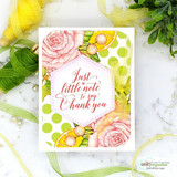 Card with peach roses and lemon slices behind a hexagon panel reading 'Just a little note to say Thank you.'