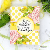 Yellow polka dot card with pink roses and green leaves around a circle reading 'Just a little note to say Thank you.'