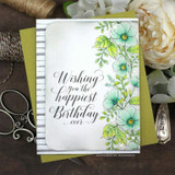 Card with mint and teal florals climbing the left edge beside 'Wishing you the happiest Birthday ever.'