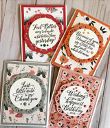 Four floral cards in red, orange, blush and grey, each with a circle sentiment: 'Feel Better,' 'Because of you,' 'Just a little note' and 'Wishing you the happiest Birthday ever.'