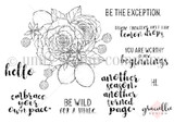 Roses and Lemons red rubber stamp set from Unity Stamp Co, black line art of a bouquet of open roses with lemons, buds and leaves, beside the sentiments 'Be the exception', 'where troubles melt like lemon drops', 'you are worthy of new beginnings', 'hello', 'embrace your own pace', 'Be wild for a while', 'another season, another turned page' and 'Hi'.