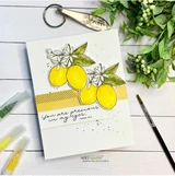 Two lemons with blossoms on a white card with a yellow strip, with "You are precious in my eyes."
