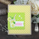 A glass of lemonade on a green gingham panel, captioned "Sip sip hooray."