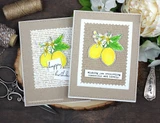 Lemons with blossoms on kraft cards over vintage script, with "Happy birthday" and "Wishing you everything wonderful and lovely."