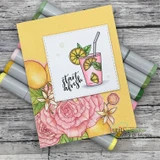 A jar of lemonade with a lemon over blooming pink roses on a yellow card, captioned "Start afresh."