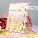 A jar of lemonade with roses on a layered pink and green card, with "Roses & lemons."