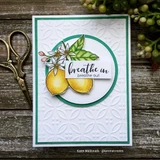 Two lemons with blossoms in a circle on a white embossed card, captioned "Breathe in, breathe out."