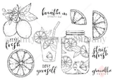 Red rubber stamp sheet with a lemonade jar with a spigot, a tall garnished glass, whole lemons on a branch and cut lemon slices, plus sentiments reading 'Stay fresh', 'Love yourself' and 'breathe in breathe out'.