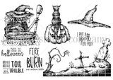 The Toil and Trouble red rubber stamp set shown as line art: a witch with a cauldron, graveyard and cat with 'toil and trouble' and 'I put a spell on you' sentiments.