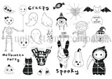 The Halloween Cuteness red rubber stamp set: line-art of many tiny Halloween icons - ghosts, cats, candy corn, spiders, a mummy and more - with 'Creepy', 'Boo', 'Happy Halloween', 'Halloween Party', 'Spooky' and 'trick or treat'.