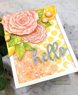 Card sample. A layered pink rose with lemons and a shaker on yellow-dot Pink Lemonade paper, 'hello.'
