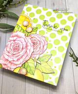 Card sample. A pink rose and lemons on green-dot paper, 'thank you for your kindness.'