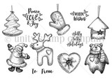 Line-art stamp sheet of Christmas ornaments - tree, Santa, bear, reindeer, mitten, heart, house - with 'Peace Love & Joy,' 'warm wishes,' 'Holly Jolly Holidays.'