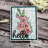 Sample card with the gladiolus colored coral and aqua over a script-covered background panel inside a torn black frame, finished with a bold hello die cut.