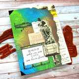 Handmade card made with Unity Stamp Co’s Topography Background red rubber background stamp — a full A2 background stamp of topographic contour-map lines — layered behind the focal images and sentiment on this card.