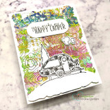 Handmade card made with Unity Stamp Co’s Topography Background red rubber background stamp — a full A2 background stamp of topographic contour-map lines — layered behind the focal images and sentiment on this card.