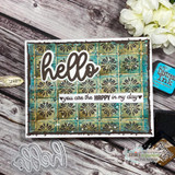 Card of the tin tile background in teal and gold, 'hello, you are the HAPPY in my day'.