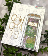 Card of the tin tile background with a stamped doorway and 'CONGRATS' die-cut letters.