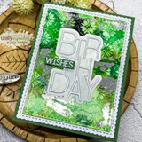 Green mixed-media card of the tin tile background with 'BIRTHDAY WISHES'.