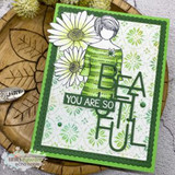 Card of the tin tile background with daisies and a girl, 'YOU ARE SO BEAUTIFUL'.