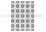 Red rubber stamp line art of a repeating decorative tin tile background pattern.