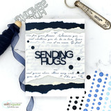 Navy torn-paper card with 'sending hugs' layered over the pale script background.