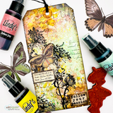 Grungy tag with butterflies, ink sprays and 'follow your passion' over the script background.