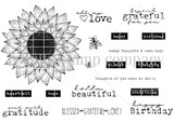 Line-art stamp sheet with a large sunflower, bees and sentiments - 'hello beautiful,' 'sunny thoughts & warm hugs,' 'grateful,' 'blessed,' 'happy birthday.'