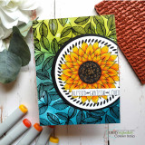 Bold card with the sunflower on a teal leafy background inside an orange frame, 'blessed grateful loved.'