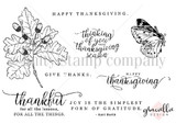 Red rubber stamp sheet of an oak leaf, butterfly, acorns and Thanksgiving sentiments including 'joy is the simplest form of gratitude.'