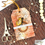Autumn tag with the oak leaf colored in rust tones and a 'Happy Thanksgiving' banner.