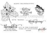 Red rubber stamp sheet of an oak leaf, butterfly, acorns and Thanksgiving sentiments including 'joy is the simplest form of gratitude.'
