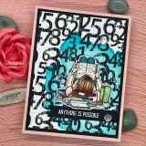 Card with the number background inked in black and teal behind a girl reading over a stack of books, with a black strip reading Anything is possible.