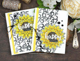 Two white cards with the number background stamped in black, each topped with a bright yellow sunflower and a small tag reading Happy birthday.