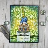 Green blended card with the number background behind a gnome in a birthday candle hat, above a panel reading Happy birthday to you.