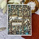 Brown and gold glittered card with the number background and a gold script panel reading Happy Birthday, you're not old you're vintage.