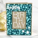Teal card with the number background and a kraft window frame holding white die-cut letters reading Happy Birthday.