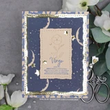 Navy card with a starry panel over the number background and a small zodiac panel reading Virgo.