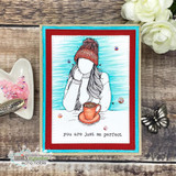 A bundled-up girl in a knit hat and scarf with a coffee mug, colored in soft greys and teal — 'you are just so perfect.'