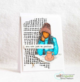 The bundled girl in teal on a white card accented with a black dot-print corner panel.