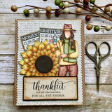 Card of the girl with a sunflower and a thankful autumn tag.
