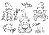 Black-and-white stamp set of Halloween gnomes – a witch, a Dracula, and a mummy – with a bat and candy, 'Witch way to the candy?' and 'Have a spooky day!'