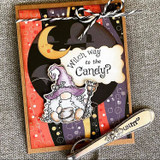Card with a purple-hatted witch gnome under a crescent moon and 'Witch way to the candy?'