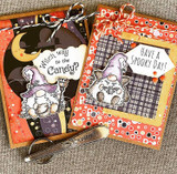 Two tag cards with gnome characters, 'Witch way to the candy?' and 'Have a spooky day!'
